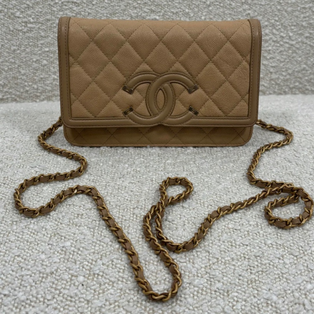Authentic Chanel Beige Caviar Filigree Wallet on Chain
